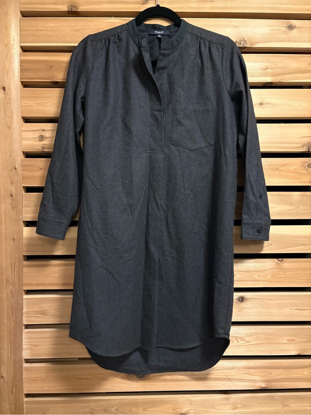 Madewell Latitude Long-Sleeve Mandarin Collar Wool Blend Shirt Shift Dress Gray